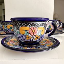 8 Talavera Mexican pottery painted floral tea coffee cups and saucers Talavera Poblana Mexicana