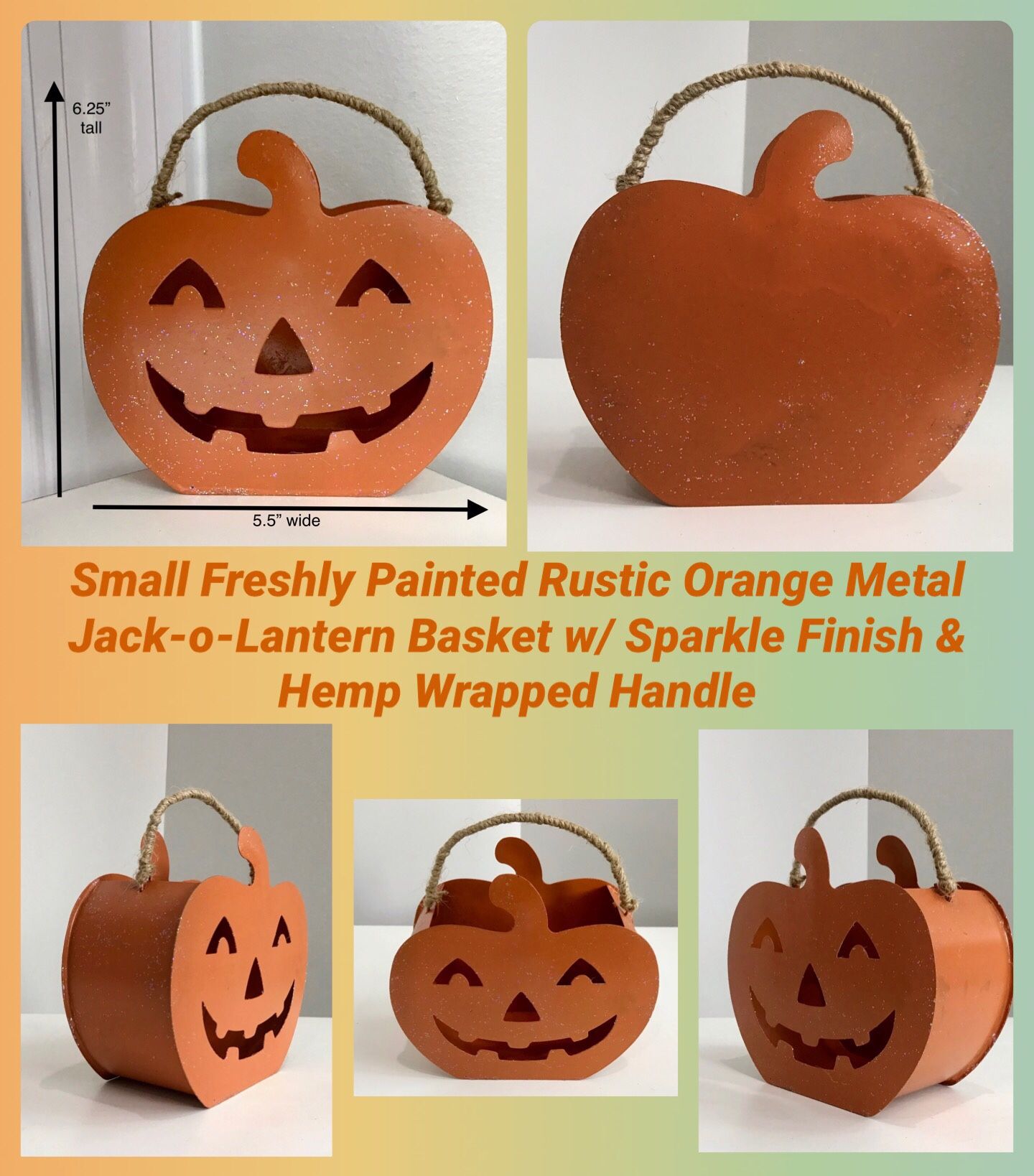 Freshly Painted Rustic Orange Metal Jack-O-Lantern Basket w/ Sparkle Finish & Hemp Wrapped Handle