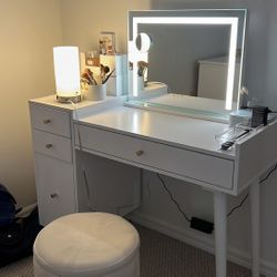 Vanity Desk Set with LED Mirror and Stool