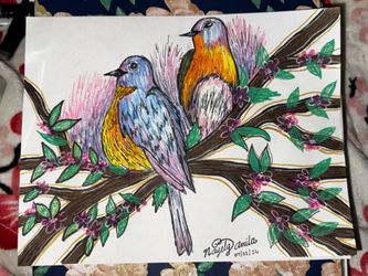 A drawing of two beautiful birds