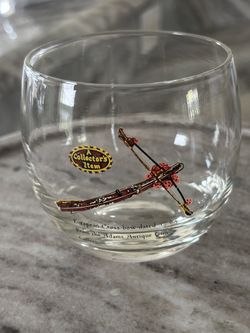 Vintage Barware Roly Poly Whiskey Glass Collectors Item Pictured on Glass Is A European Cross Bow Dated 1765