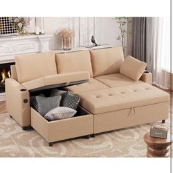 83.5'' Sleeper Sofa Bed Couch with Pullout Bed, Teddy Sofa with USB Charging Ports & Cup Holders, L-Shaped Convertible Couches for Living Room-Bouclé,