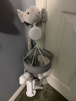 NoJo Plush Elephant Gray and White Puffy Clouds Musical Mobile