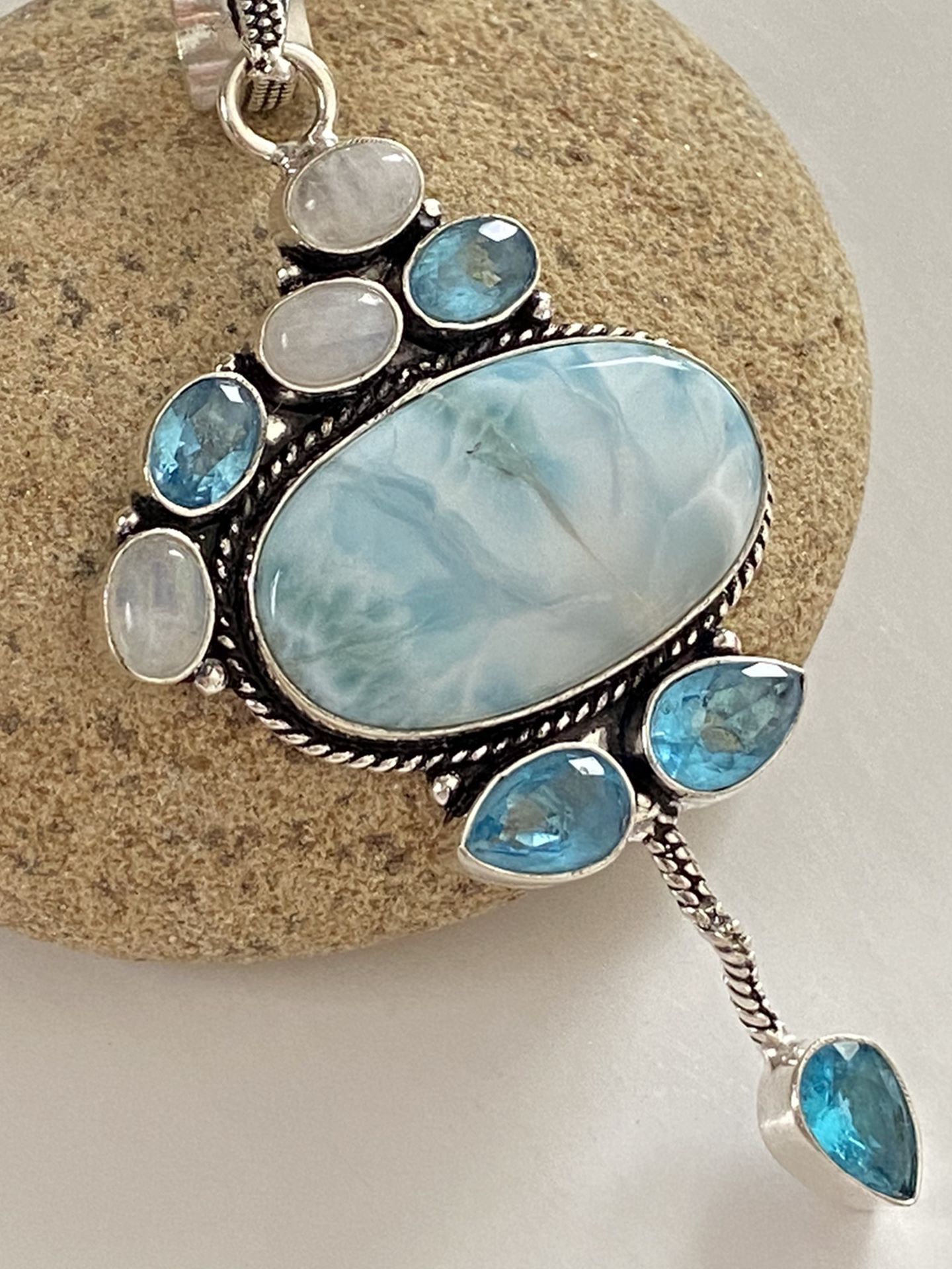 Stunning handcrafted caribbean larimar, moonstone and blue topaz 925 sterling silver overlay pendant