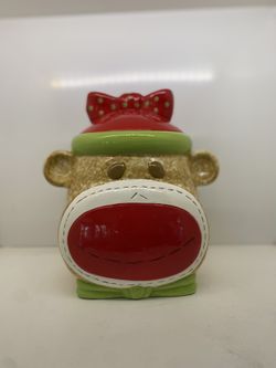 Real Home Sock Monkey Cookie Jar Earthenware Girl Green and Red Polka dot