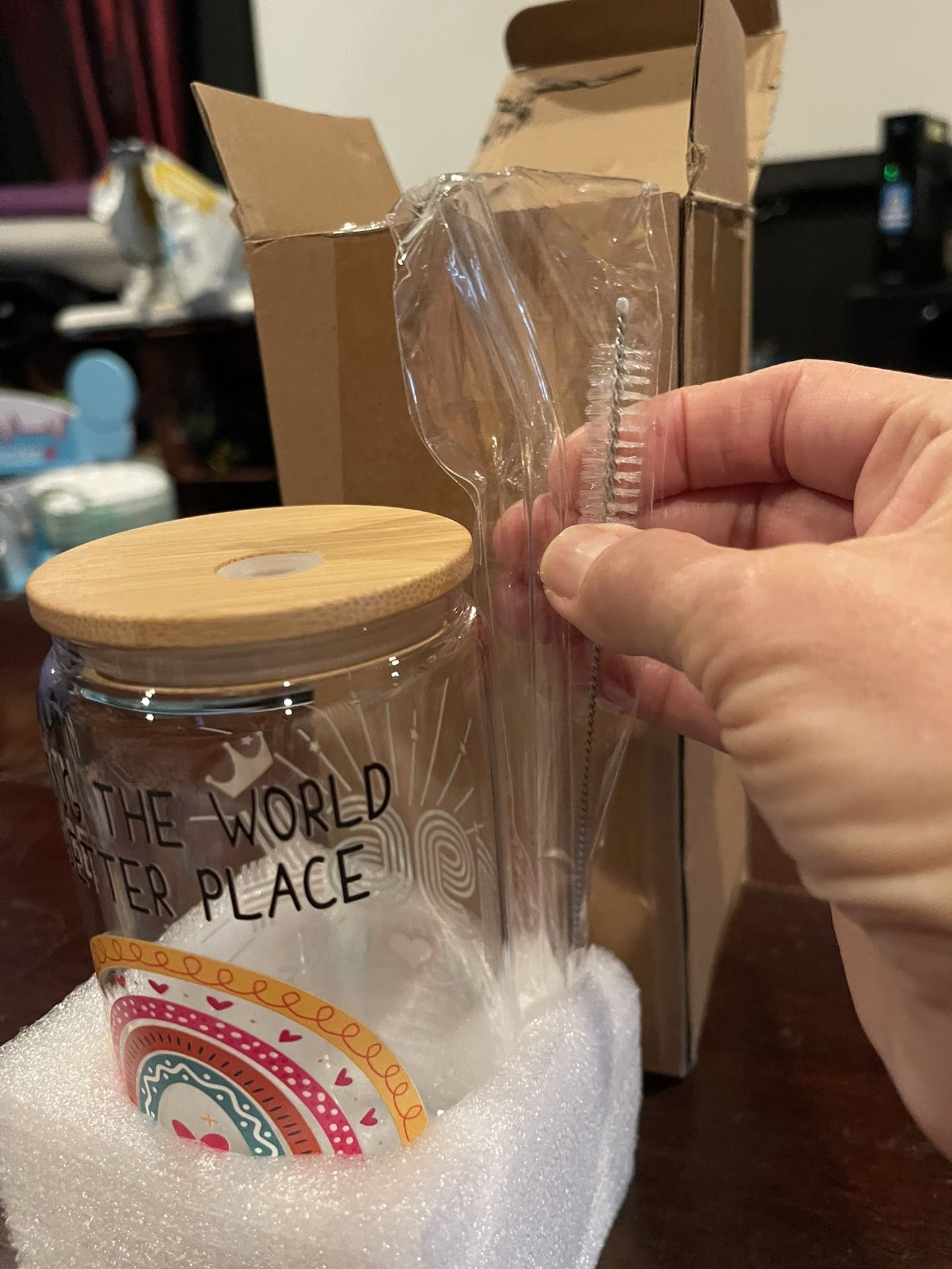 Glass Cup With Straw And Lid And Straw Brush Cleaner