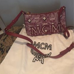 Auth Mcm Visetos Red Leather Crossbody Bag.New