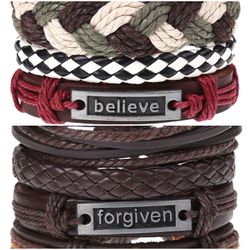 2 x Set Adjust. Size up to 9.5inc Leather Bracelet, (Believe_1-Forgiven)