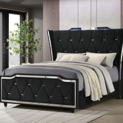 **NEW SALE** Queen LED Upholstered Wingback Bed Black Velvet! 