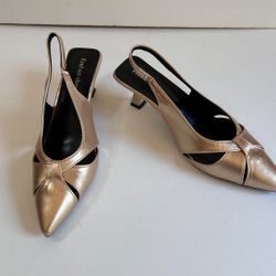 Fancy women Evening Shoes low heels slingback Gold leather 9 M (40)  heels are 2”.75