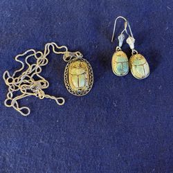 Vintage Egyptian Revival Carved Scarab Jewelry Sterling Silver