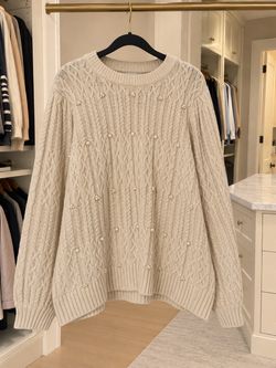 2X Cream Cable Knit Sweater with Pearl Embellishments