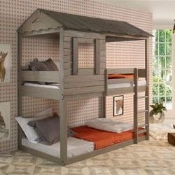 Brand New Rustic Grey Twin Tree House Bunk Bed- Solid Wood 🪵