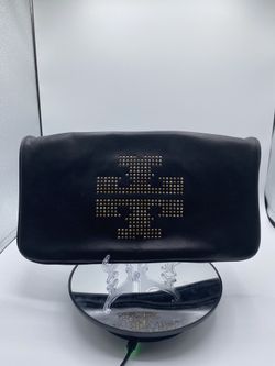 Tory Burch Authenticated Black Leather Clutch Bag with Studded Design