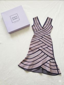 Herve Leger Striped Asymmetric Flare Hem Bandage Dress
