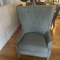 Large Wingback Barrel Nailed  Soft Teal Blue Chair