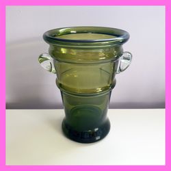 Crate & Barrel Glass Vase Handles Urn Poland Polish Green Olive Champagne Bucket