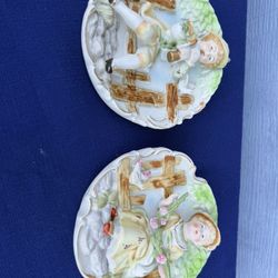 Vintage Porcelain Wall Plaques – Boy & Girl – Hand Painted