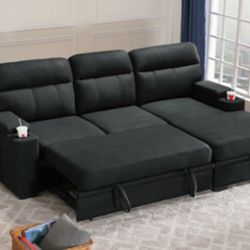 94"W Black Fabric Sleeper Sectional Sofa Chaise with Storage Arms and Cupholder