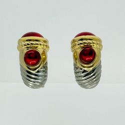 Vintage Gold & silver Tone ruby glass cabochon cable clip on earrings - GM1507