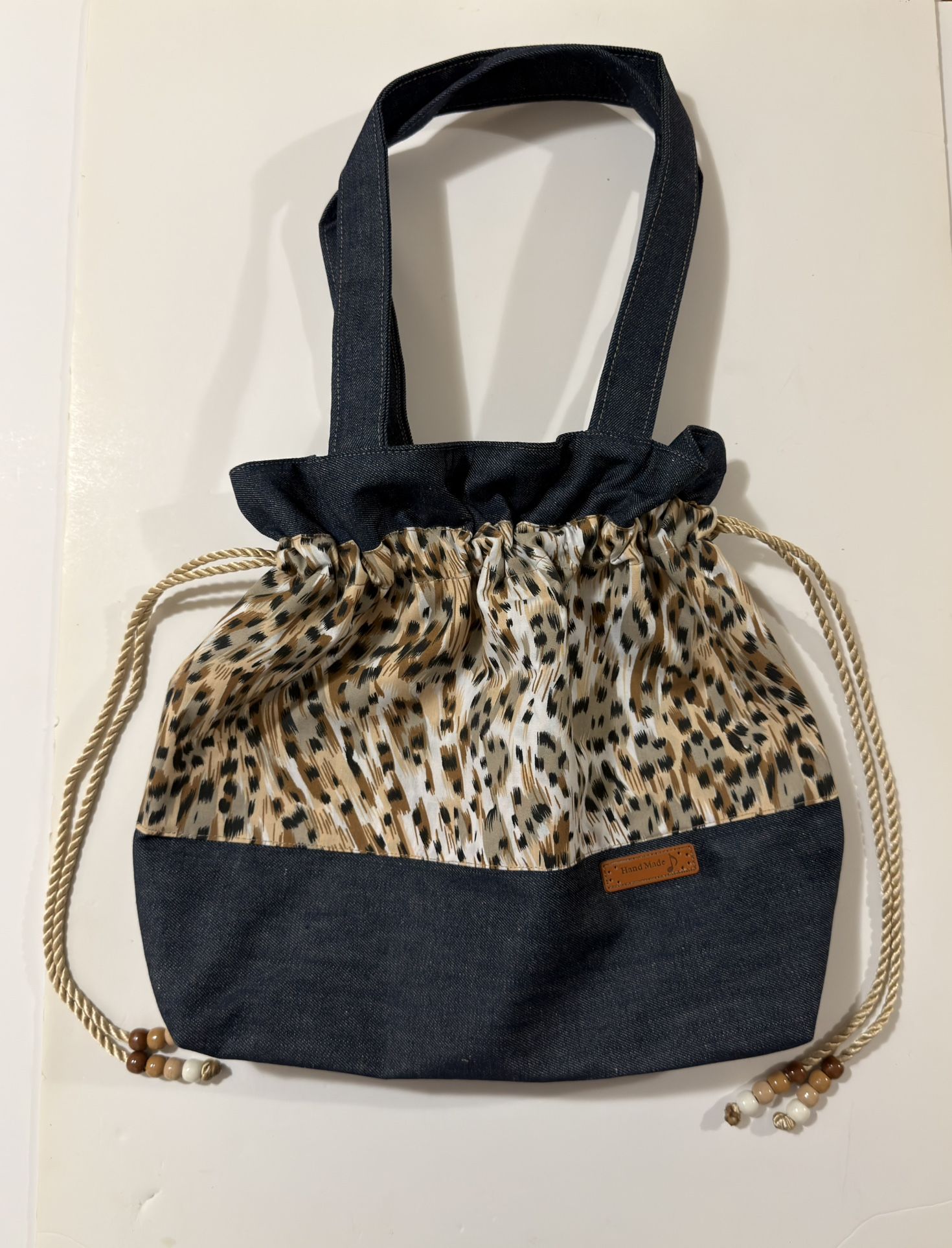 Denim Blue With Leopard Print Medium 16X18 Drawstring Tote Bag