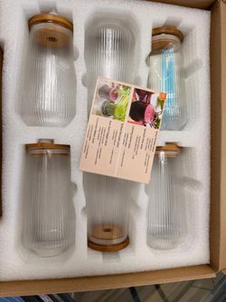 Ribbed Glass Jars with Bamboo Lids Set of 5
