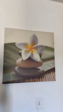 serene spa-themed canvas print featuring frangipani flowers and stacked stones.