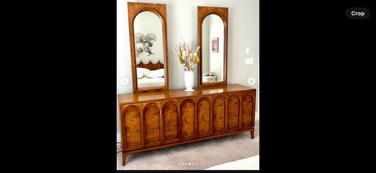 Thomasville Sculptural 'Acrhed' 9 Drawer Dresser Walnut, Olive Burl, Travertine