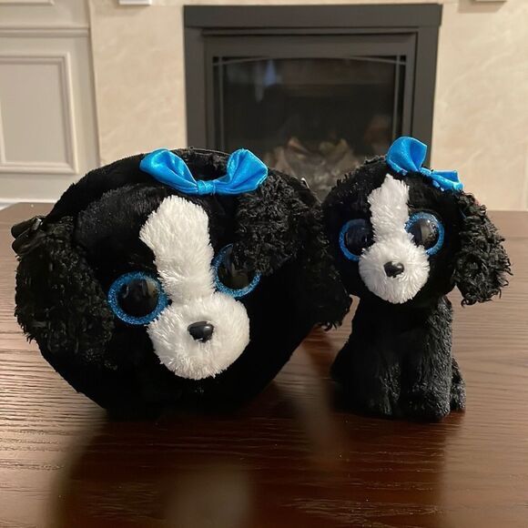 Ty Tracey the Black Dog with Blue Bow Purse and Beanie Boo Excellent Condition