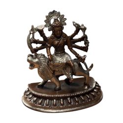Nepal Handmade Copper Durga Statue on Lion 2.5” Hindu Idol
