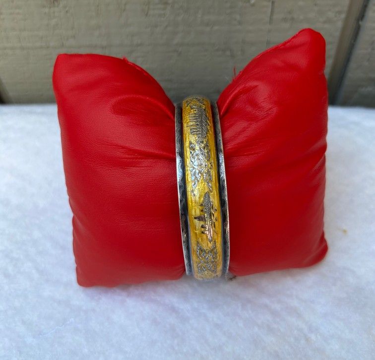 Vintage Yellow Enameled Siam, Thailand Dancer, Dragon Boat, and Castle Sterling Silver Bangle