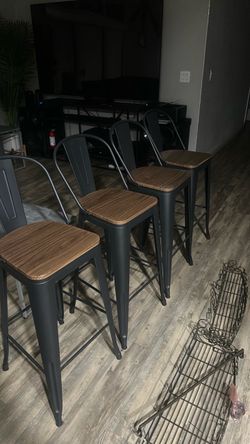 Set of 4 Metal Bar Stools with Wood Seats