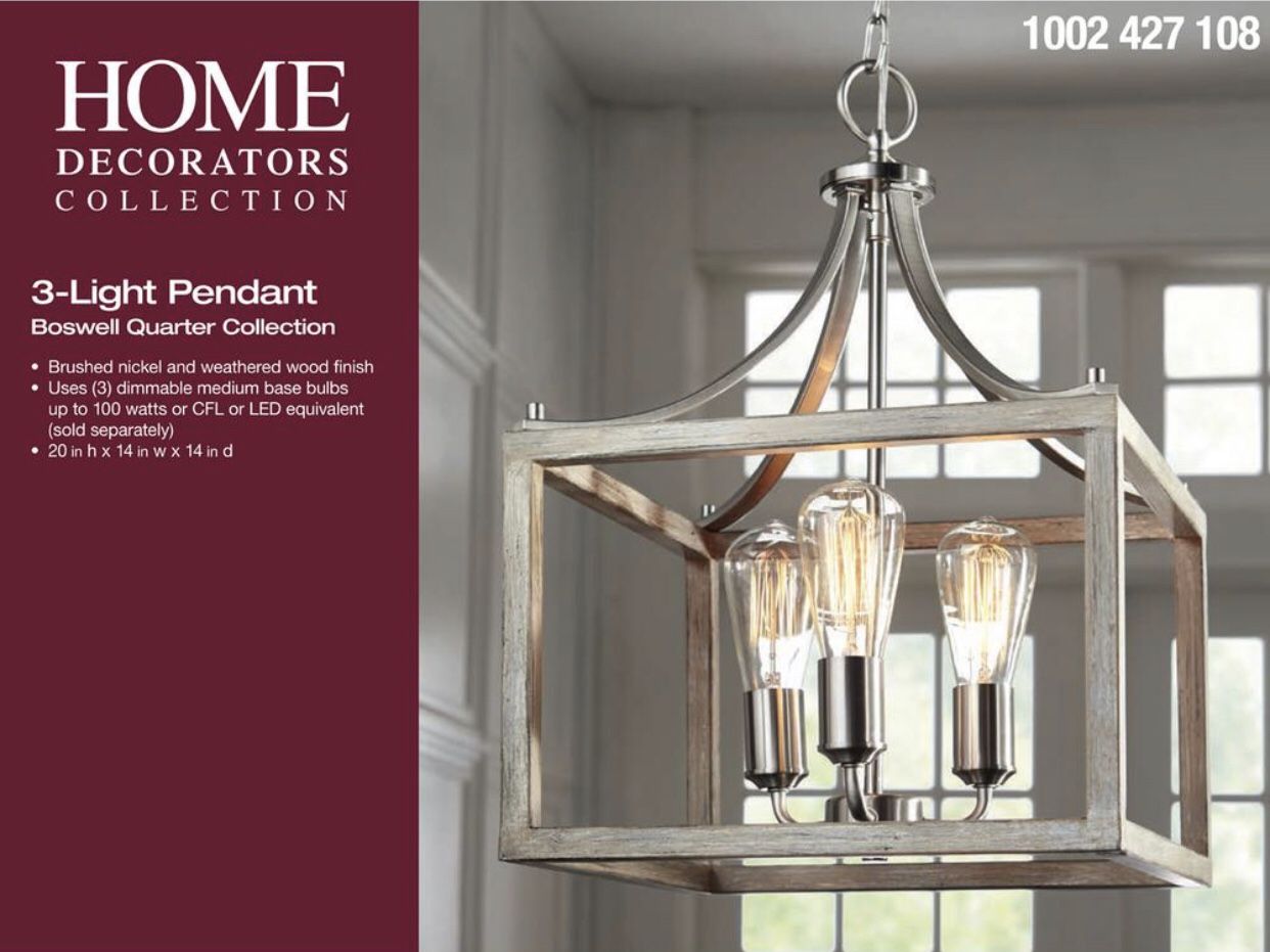 Home Decorators Collection Boswell Quarter 14 in. 3-Light Brushed Nickel Chandelier with Painted Weathered Gray Wood Accents- BRAND NEW IN BOX