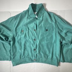 Pre Owned Excellent  Fern Mark  Bomber Jacket  Baggy Sleeves Italy  Thin  100% Silk  Teal Green  See Measurement Photo For Sizing 