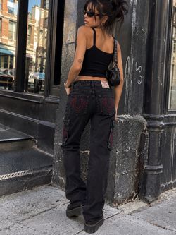 True Religion Ricky Black Cargo Jeans Women’s Size 14 Y2K Red Stitch Streetwear Emo Grunge