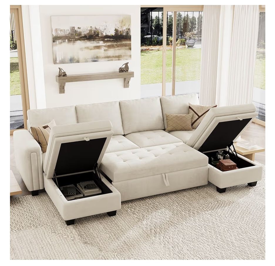 Belffin Modular Sectional Sleeper Sofa – Velvet U-Shaped Convertible with Pull-Out Bed & Dual Storage Chaises – Beige