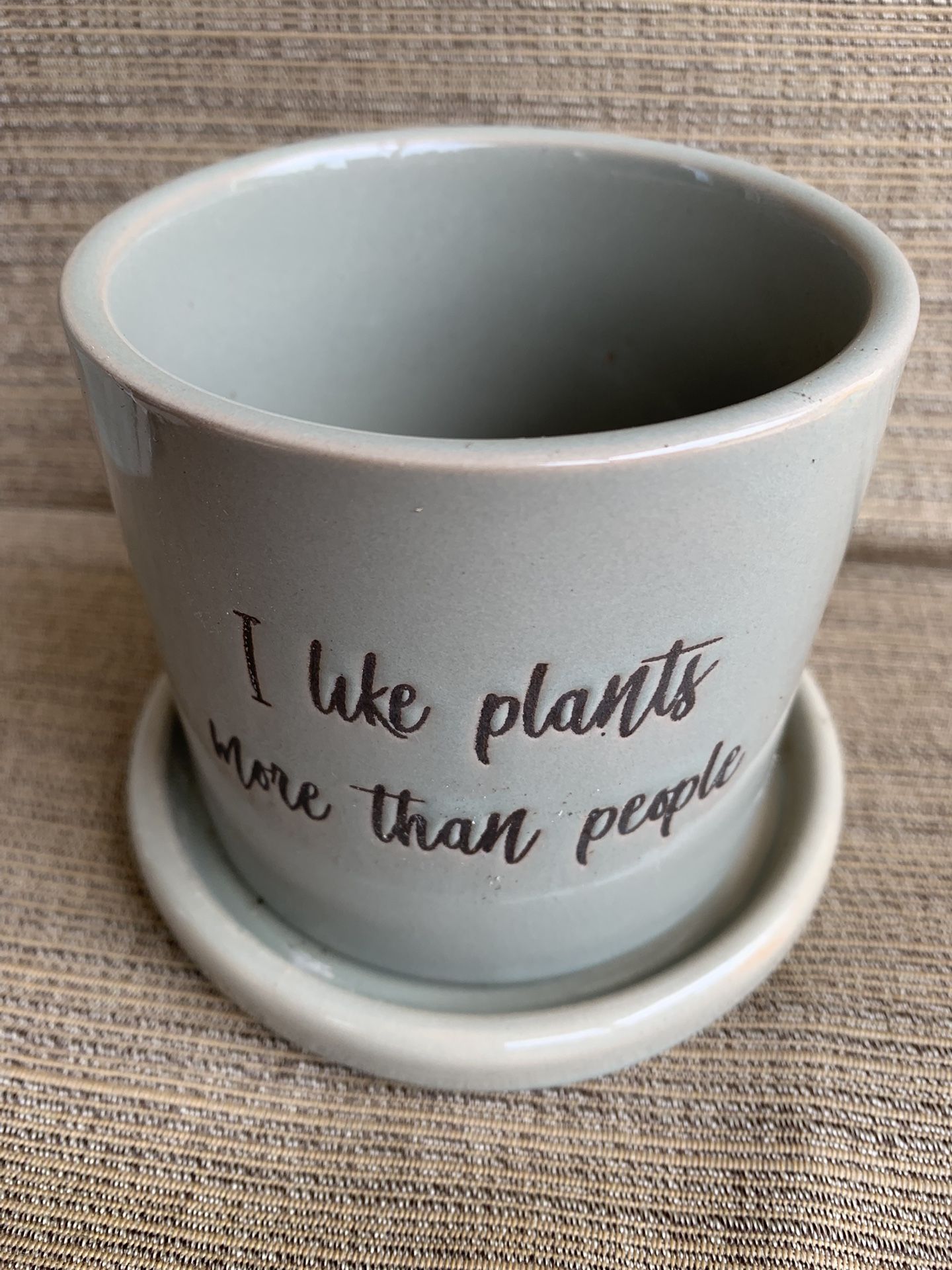 Ceramic Glazed Flower Pot W/saying “I Like Plants More Than People” Has Drain Hole/Attached Water Tray Attached, 4 By 4 Inches Tall