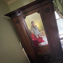 Antique Solid Wood Armoire With Mirror