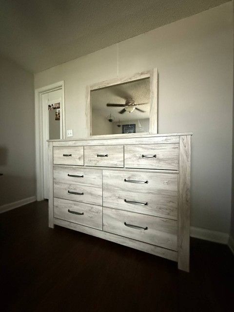 Gray/White Wood Finish Large Dresser W/ Attached Mirror