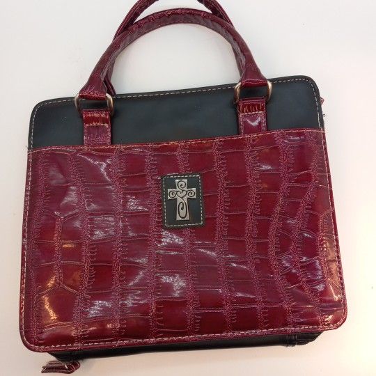 Burgandy Vinal Bible Cover Case Bag Large Cross Logo Zipper Closure With Pocket