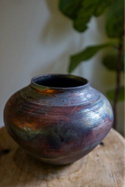 Iridescent Ceramic Japanese Raku Pottery Vase Hand Thrown Pot Artist