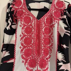 Elegant Kaftan / Abaya Dress – Black, White & Pink Embroidered (Size L/XL)