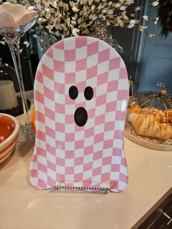Pink Checkered Ghost Halloween Serving Platter