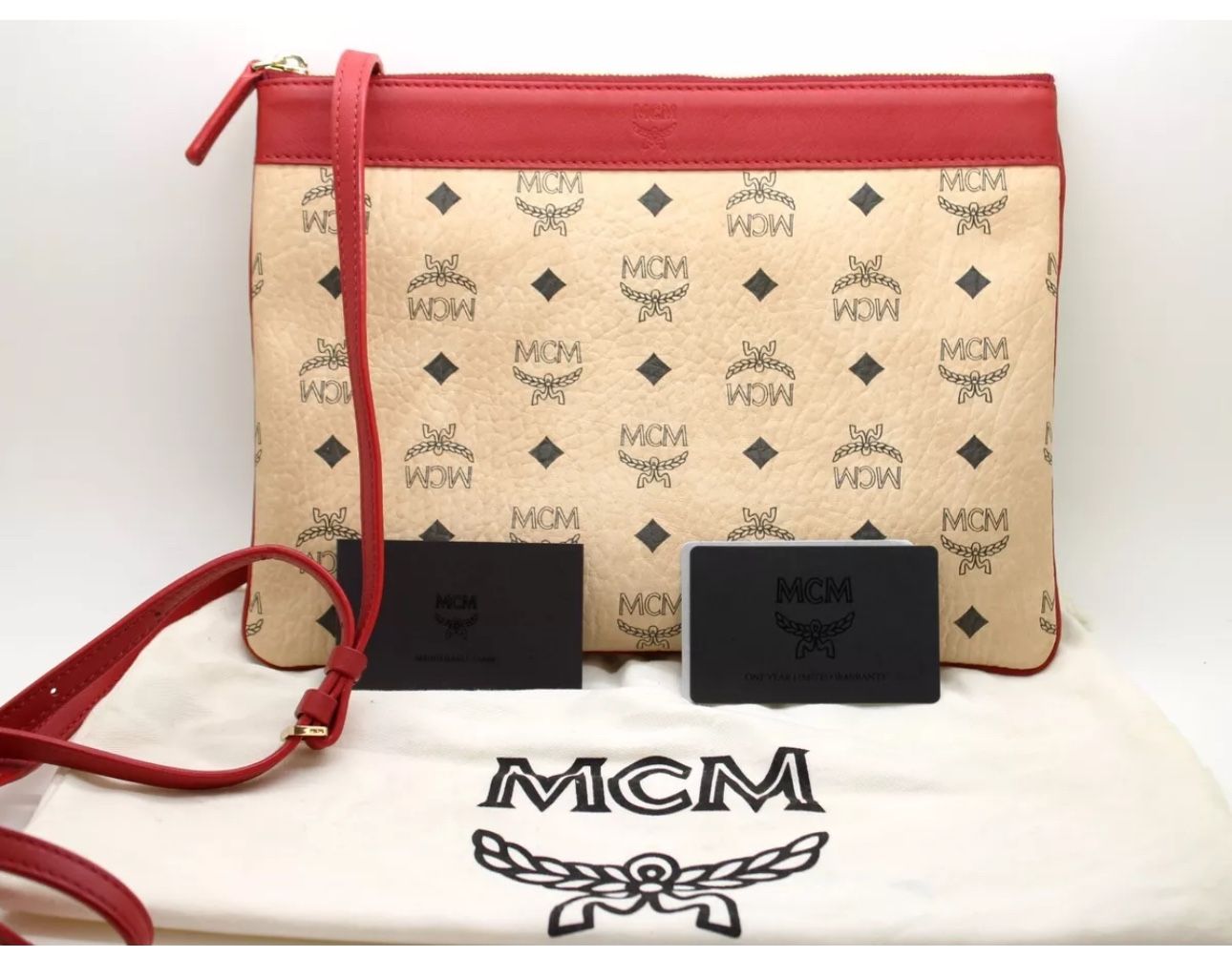 MCM Visetos Original Logo Medium Slim Pouch Crossbody Bag Beige