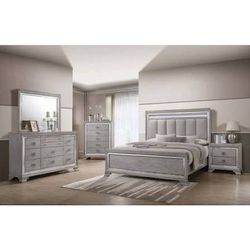 New Vertical Tufted 5 Piece Bedroom Set With Grey Padded Headboard / LED Lights. Free Delivery!