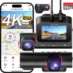 3 Channel 4K Dash Cam, Dash Camera for Cars with Starvis 2 HDR Night Vision, 4K+ 1080P+1080P Front Inside and Rear Triple Car Camera, GPS, 24-Hour Par
