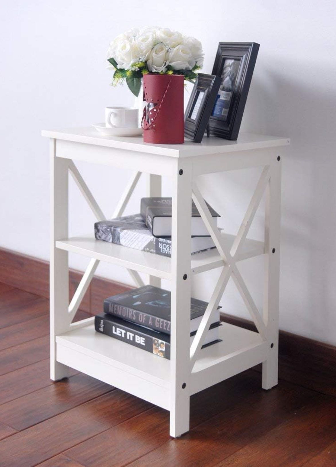 RAAMZO White Finish Wooden X-Design Chair Side End Table with 3-Tier Shelf