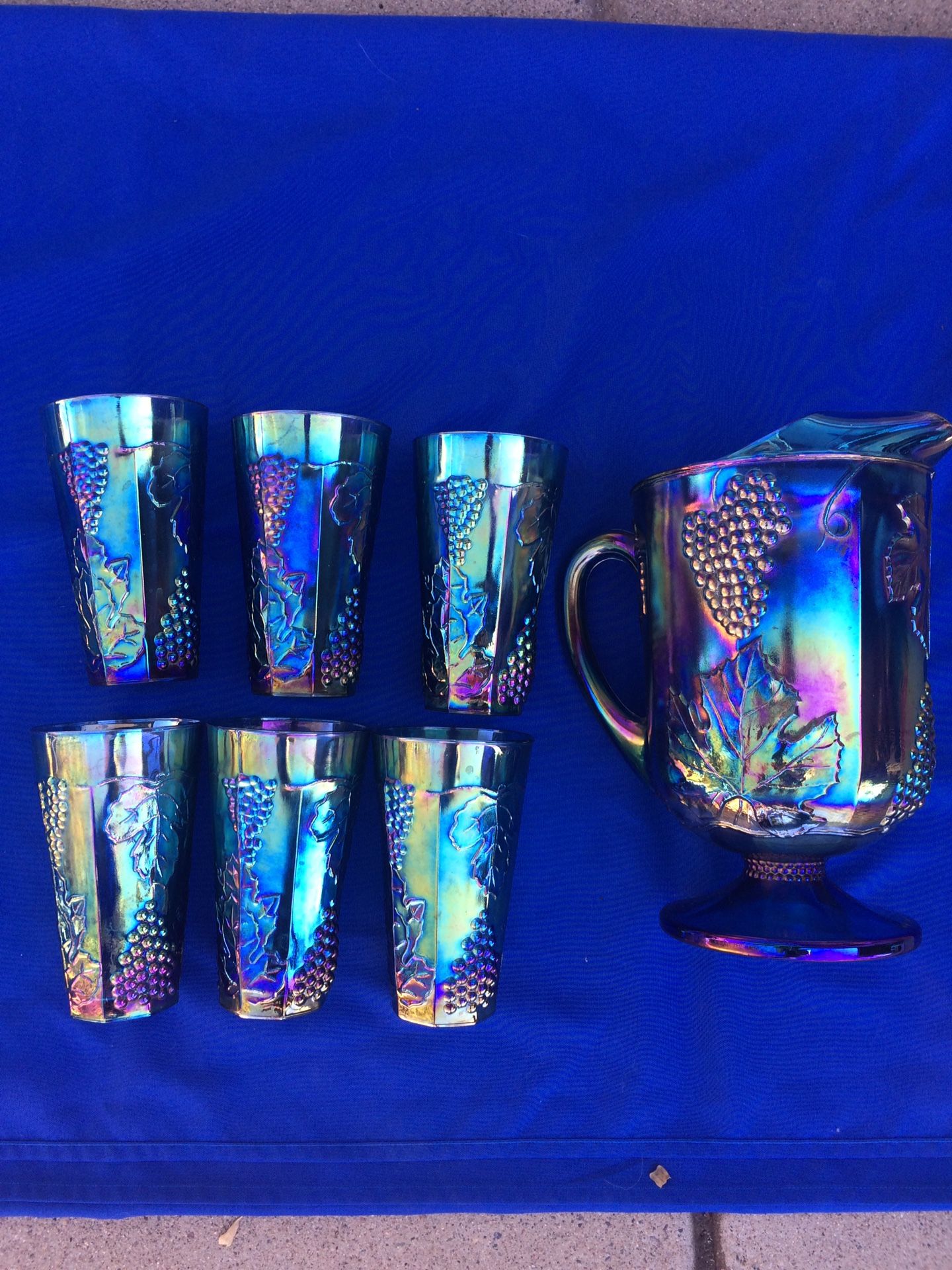 Indiana Carnival Iridescent Blue Pitcher & Tumblers