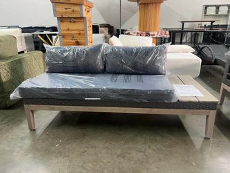 Outdoor Acacia Wood And Wicker Loveseat Bench with Blue Dark Blue Cushions