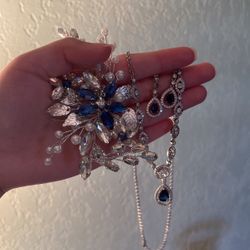 4 Piece Navy Blue Silver Jewelry Set